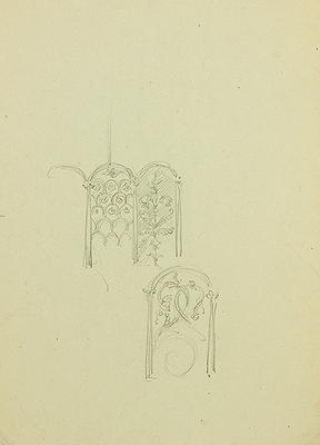 Фаворский Владимир Андреевич. Лот из шести эскизов декораций (на двух листах с оборотной стороны карандашные наброски) к спектаклю В. А. Соловьева «Великий государь», постановка Б. Е. Захавы. Москва, Государственный театр им. Е. Вахтангова